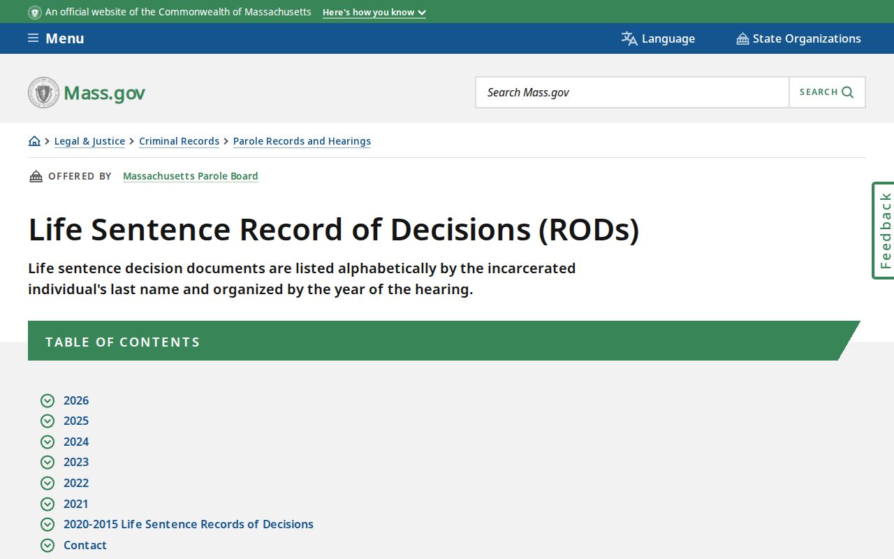 Massachusetts parole decisions list used for Nantucket County parole records